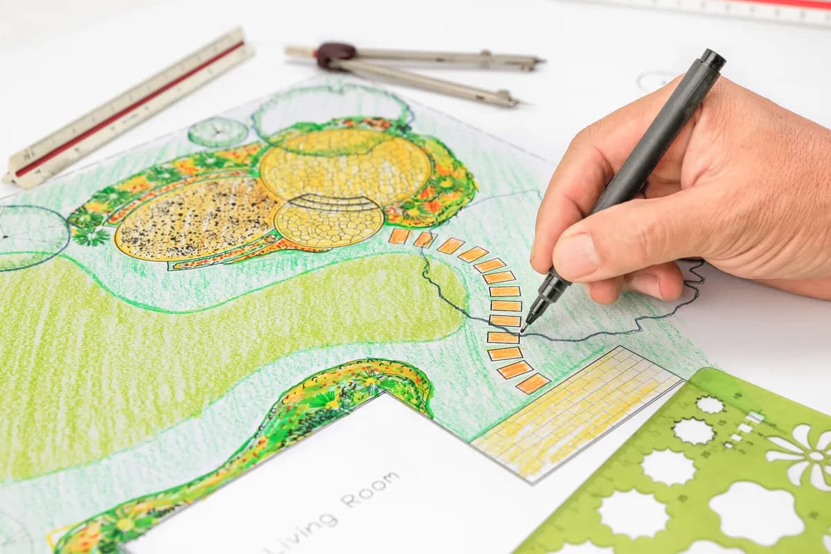 Hands drawing a backyard garden plan